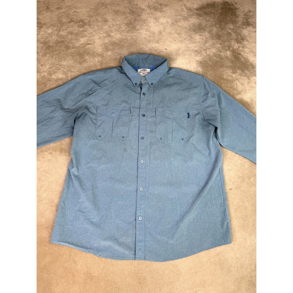 AFTCO Fishing Shirt Mens XL Blue Mesh Lined Logo Flap Pockets Vented Button Down